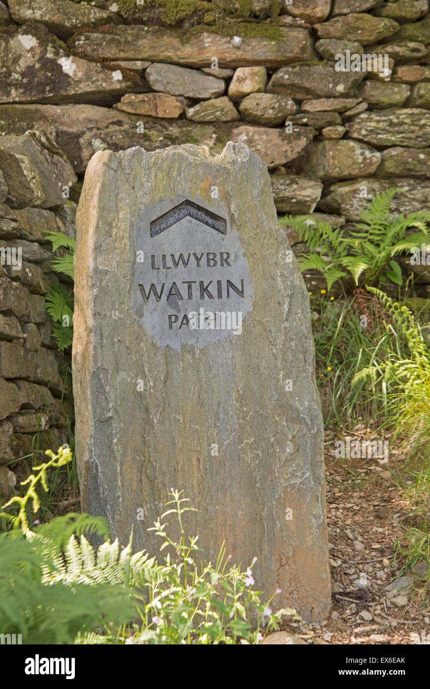 Signe en début de Watkin Chemin vers le Mont Snowdon, Parc National de Snowdonia, le nord du Pays de Galles, Royaume-Uni Banque D'Images