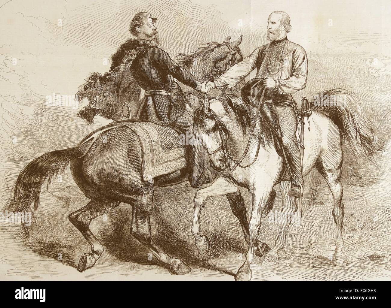 Gravure illustrant la visite d'adieu de Garibaldi (1807-1882), un général et homme politique italien, et Victor Emmanuel II d'Italie (1820-1878). Datée 1860 Banque D'Images