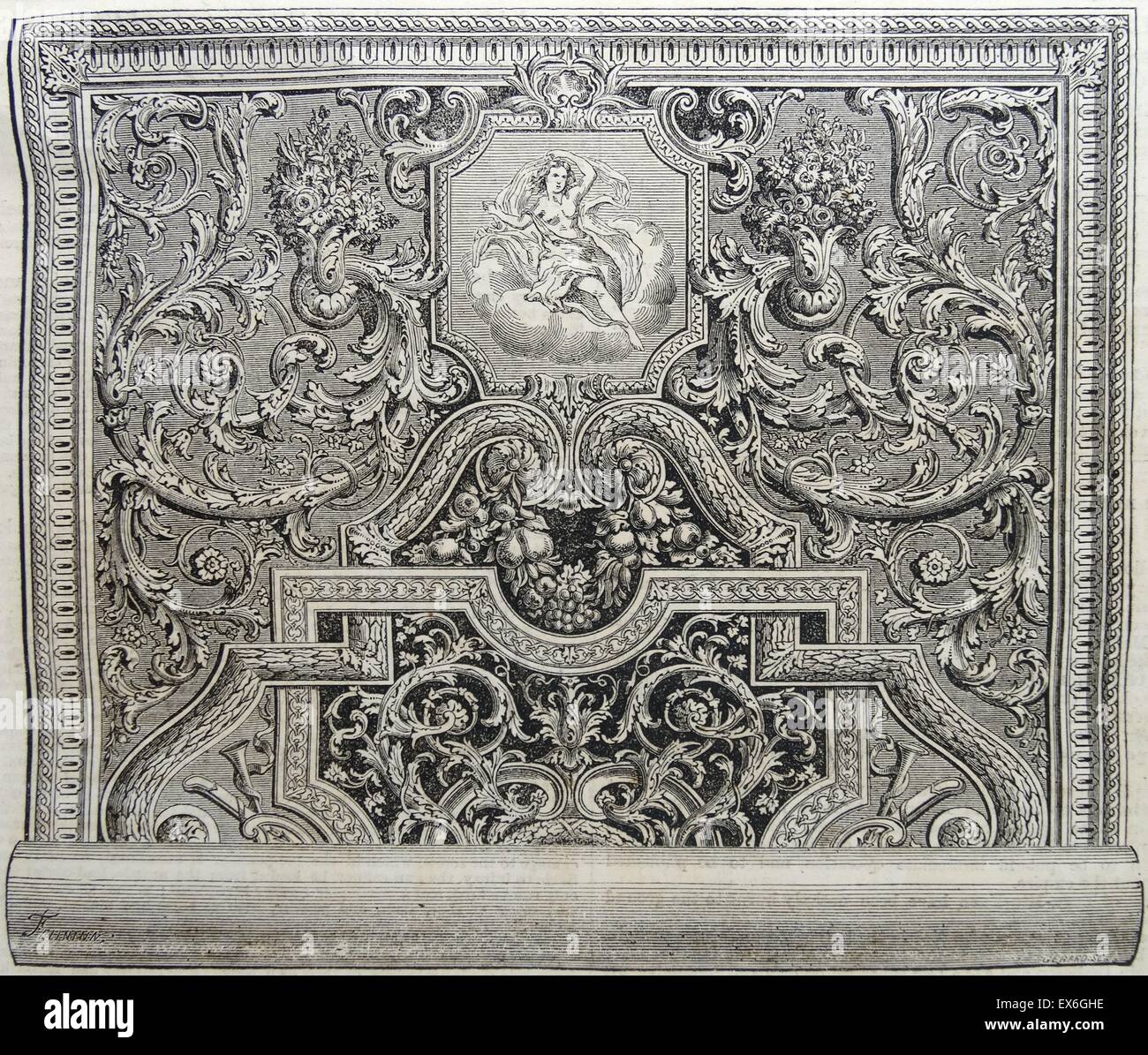 Gravure d'un tapis fabriqués à l'Imperiale des Gobelins, Paris. Datée 1860 Banque D'Images