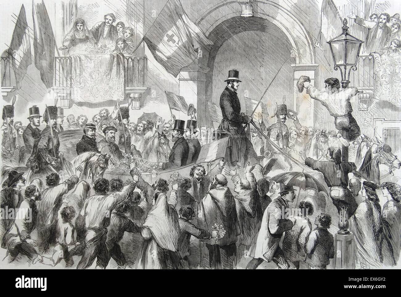 Gravure représentant l'entrée de Victor Emmanuel II (1820-1878) Roi d'Italie à Naples. Datée 1860 Banque D'Images