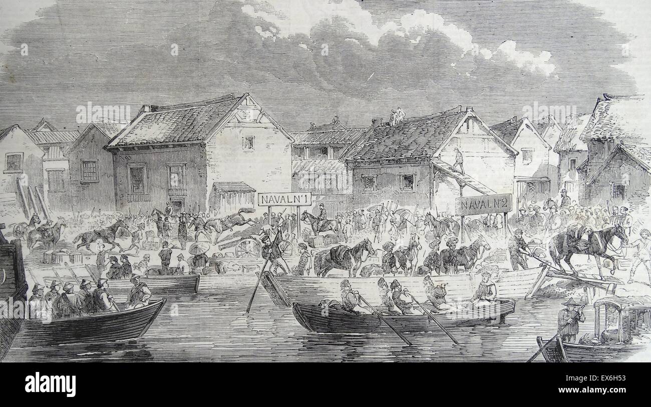Gravure représentant le débarquement de troupes britanniques à Pehtang. Datée 1860 Banque D'Images