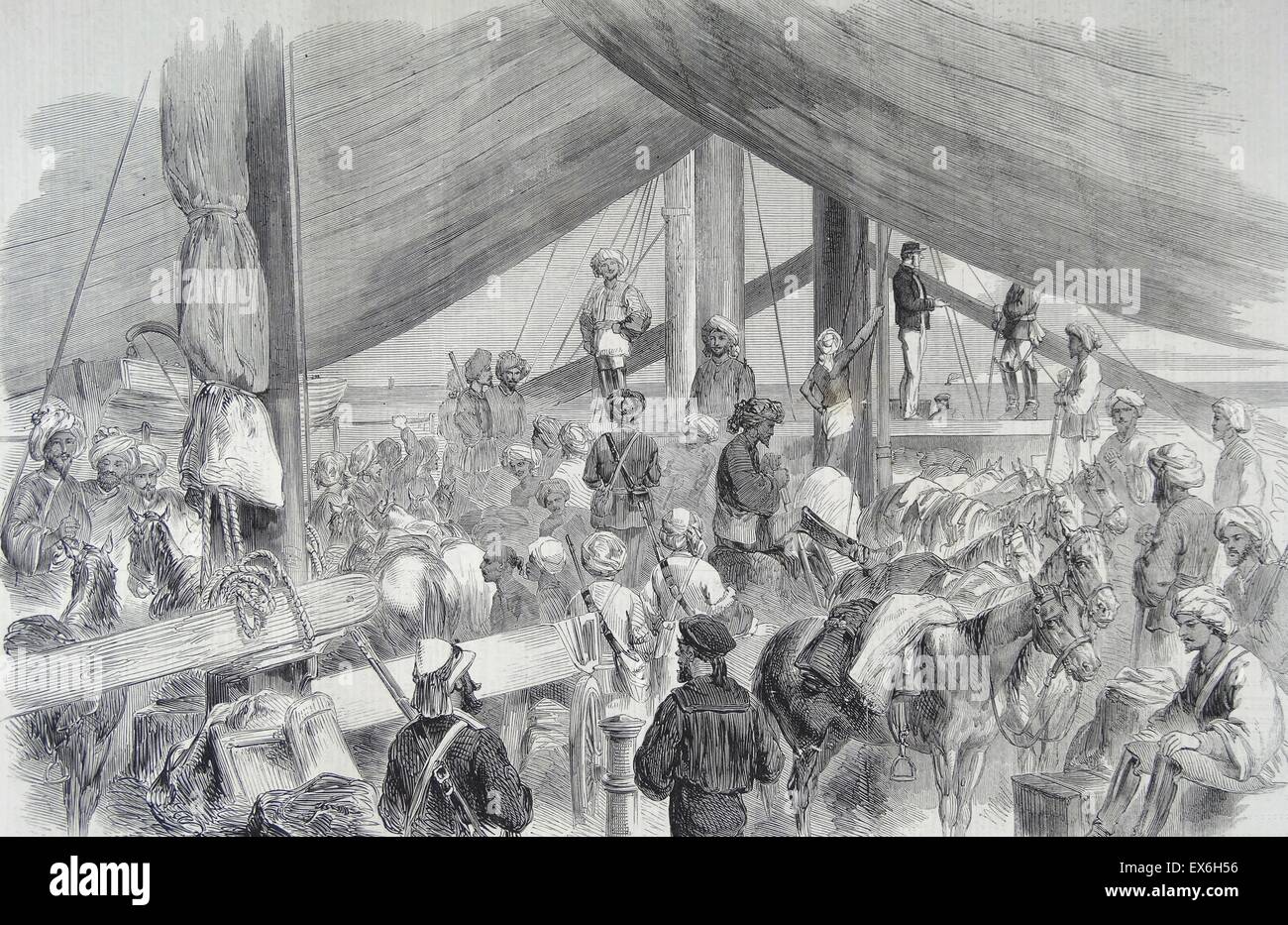 Gravure représentant le 'chaos' gun-bateau avec Fane's horse à bord, sur le chemin de l'Pentang Talien-Wan à. Datée 1860 Banque D'Images
