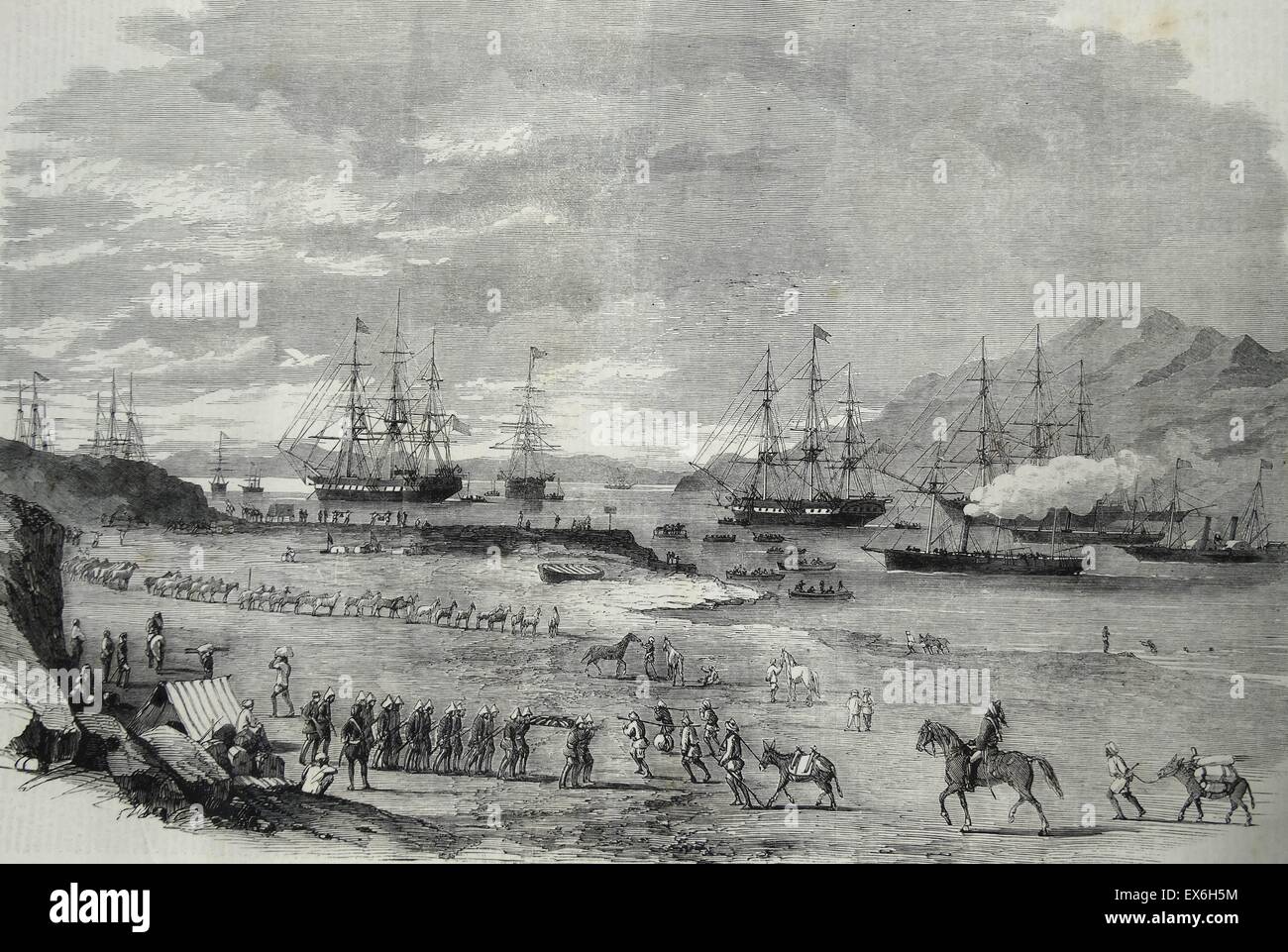 Gravure illustrant le départ des troupes d'Hockley embarcadère pour le Peiho. Datée 1860 Banque D'Images