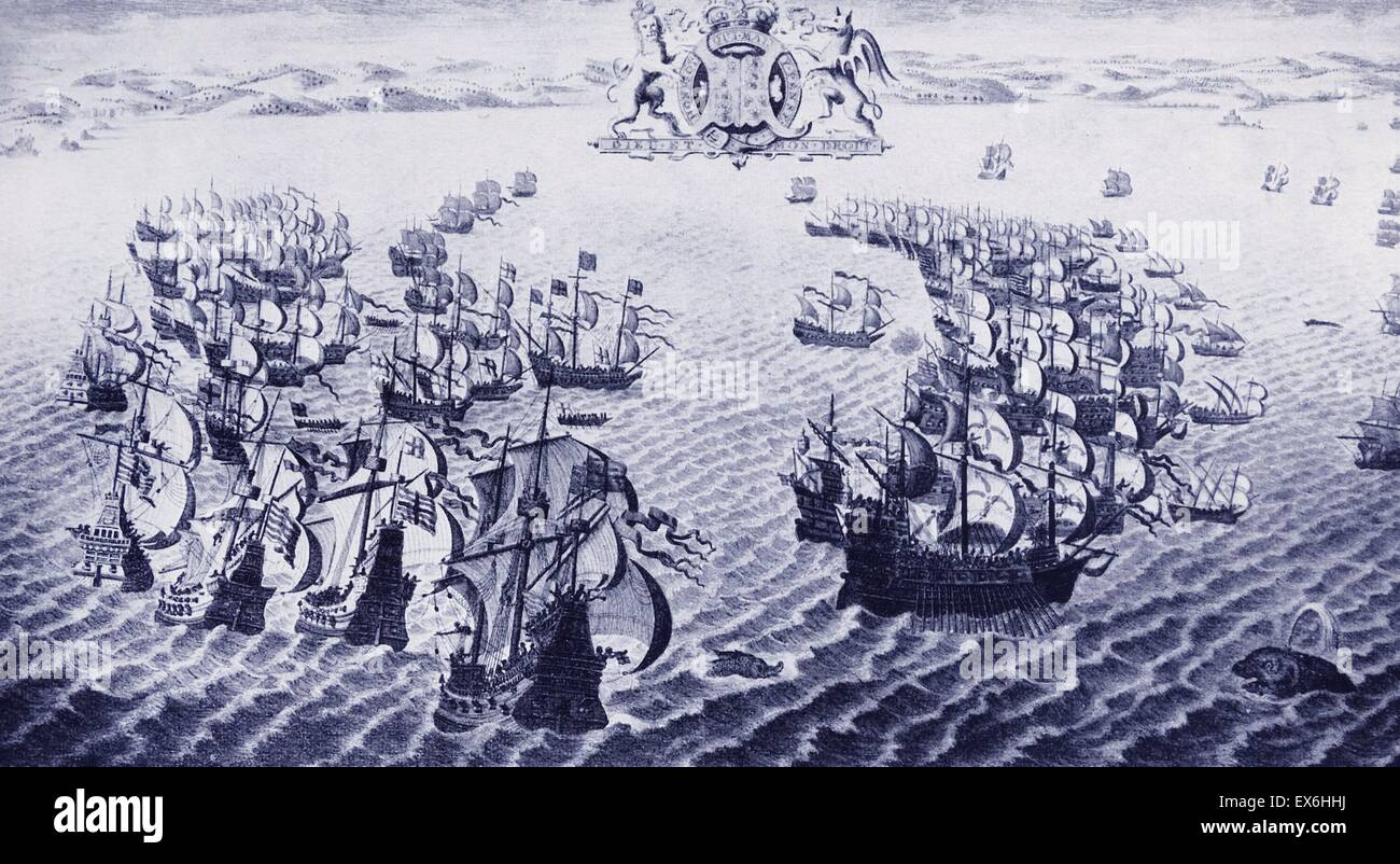 La gravure de l'Armada de ligne au large de Calais et le navire de feu attaque. Gravée par J. PIN après la tapisserie dans la chambre des Lords. Datée 1588 Banque D'Images