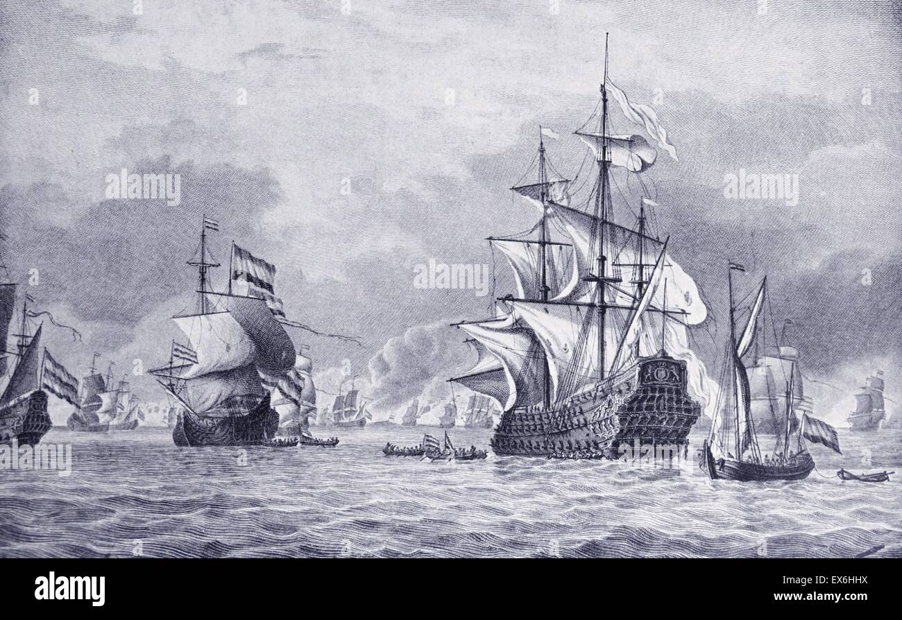 La gravure de la ligne de quatre jours de bataille. Le Prince Royal, à terre sur le HUMMER H2, le transport sur son drapeau. Gravée par W. Niewhoff. Datée 1666 Banque D'Images