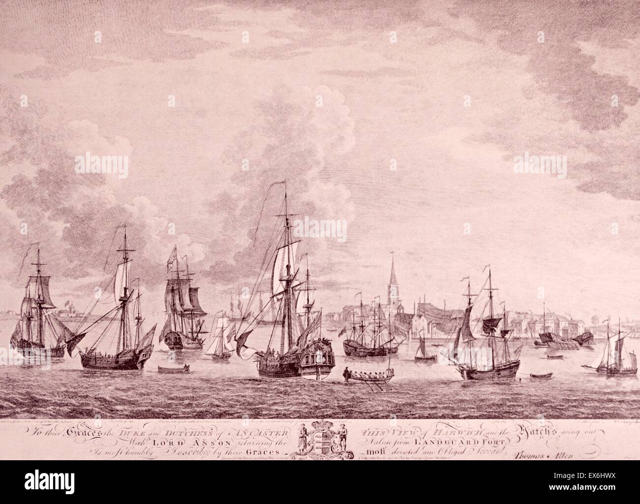 Gravure de ligne le voyage de la princesse Charlotte d'Angleterre. Le yacht Mary et d'autres navires sous le commandement de Anson laissant Harwhich. Gravée par P.C. Canot. Datée 1761 Banque D'Images