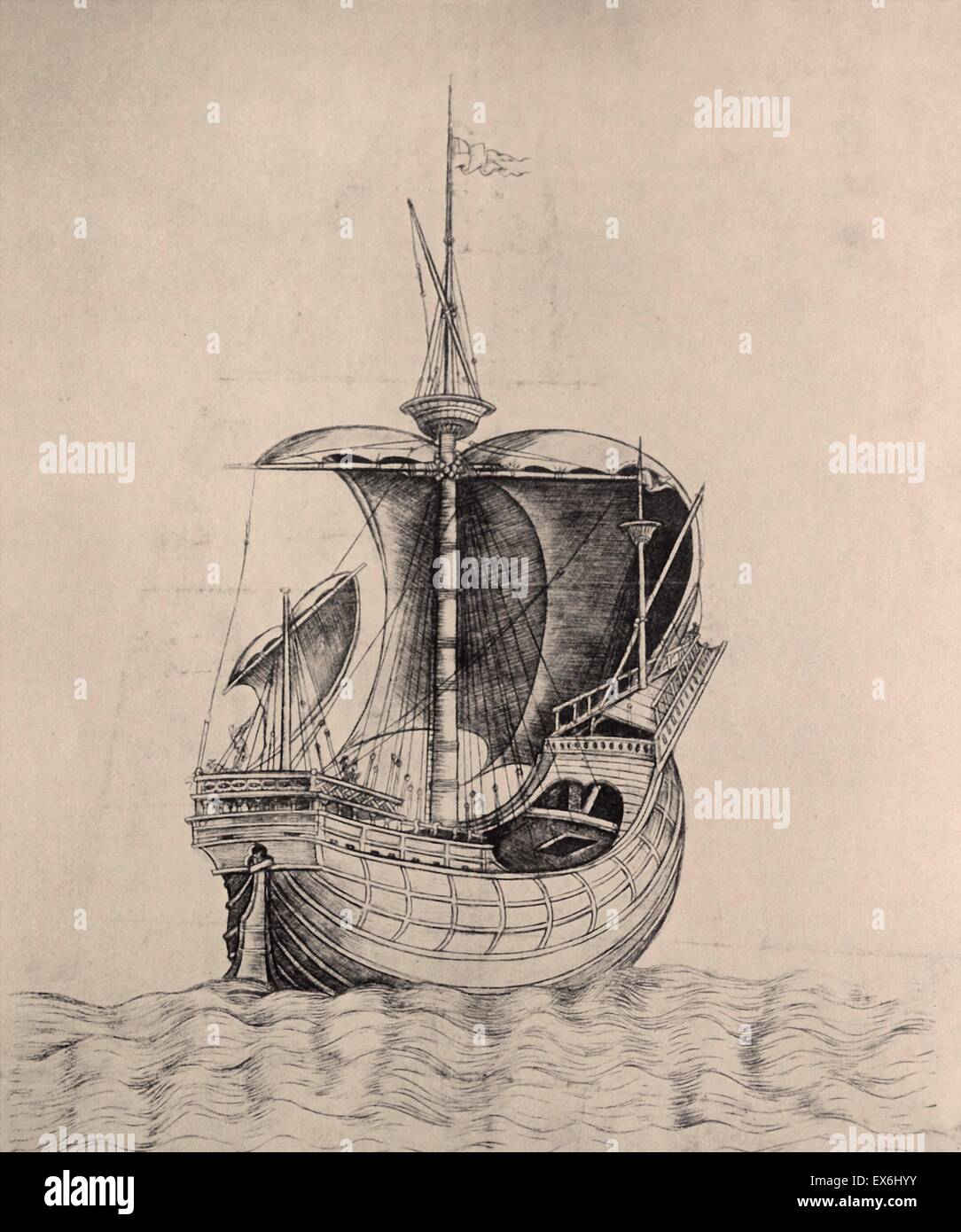 Gravure d'une ligne 15e siècle navire marchand. Datée 1470 Banque D'Images