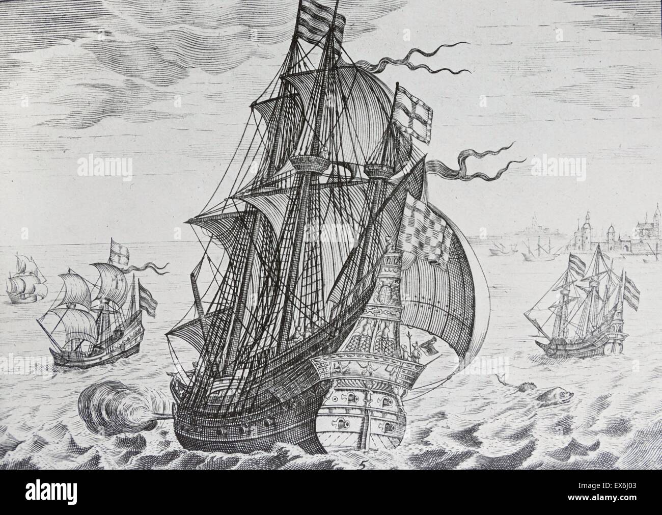 La ligne de gravure de Griffin. William Hawkins's ship durant la campagne d'Armada. Gravée par C. J. Visscher. En date du 18e siècle Banque D'Images