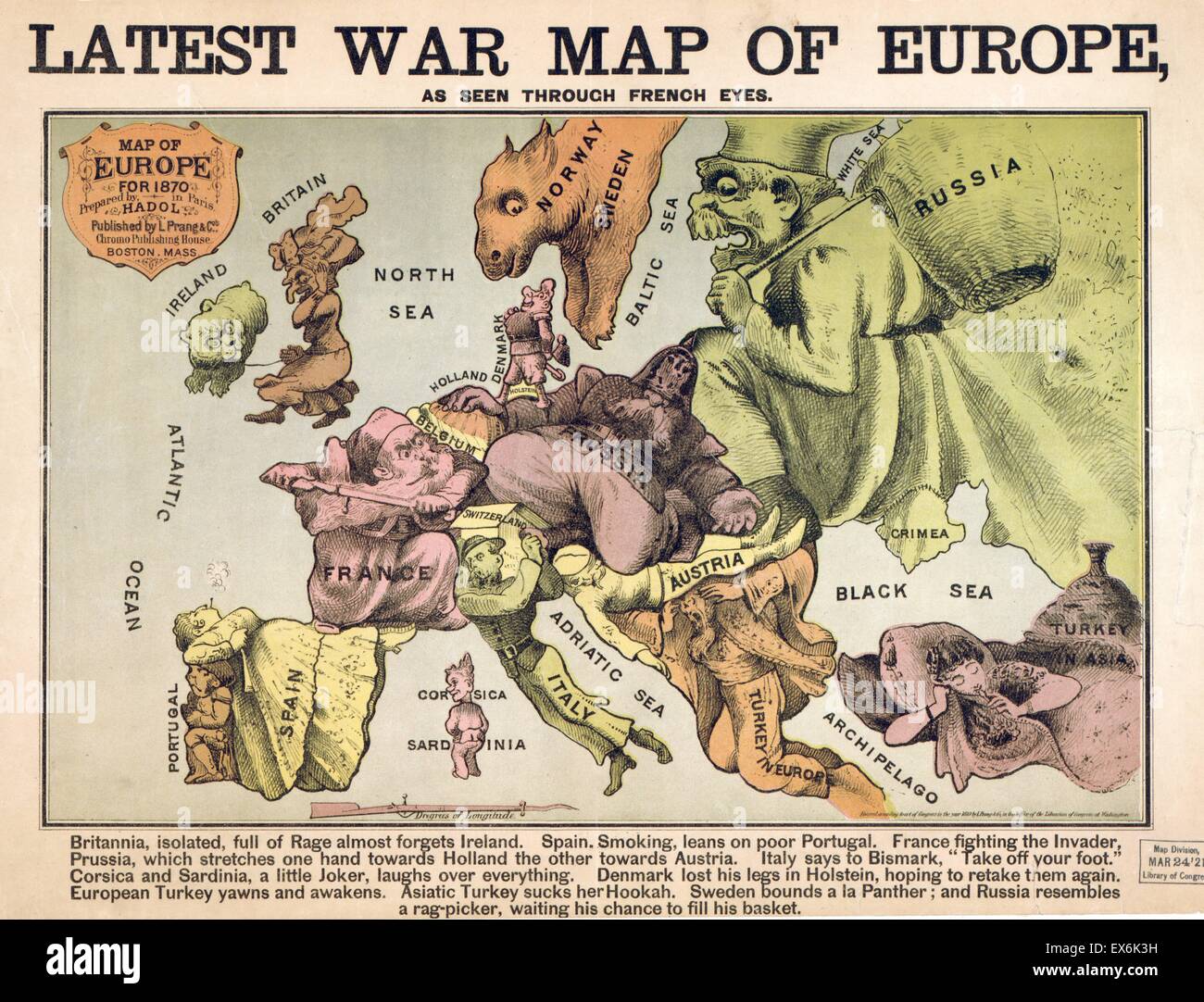 Carte de l'Europe qui caractérise les super pouvoirs rivaux après la guerre franco-prussienne de 1870 Banque D'Images