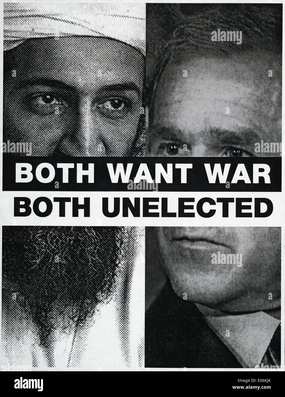 Affiche en noir et blanc intitulé "à la fois la guerre, les deux avec des non élus des portraits d'Oussama ben Laden et George W. Bush Jr. créé par Jem Cohen (1962-). Datée 2001 Banque D'Images
