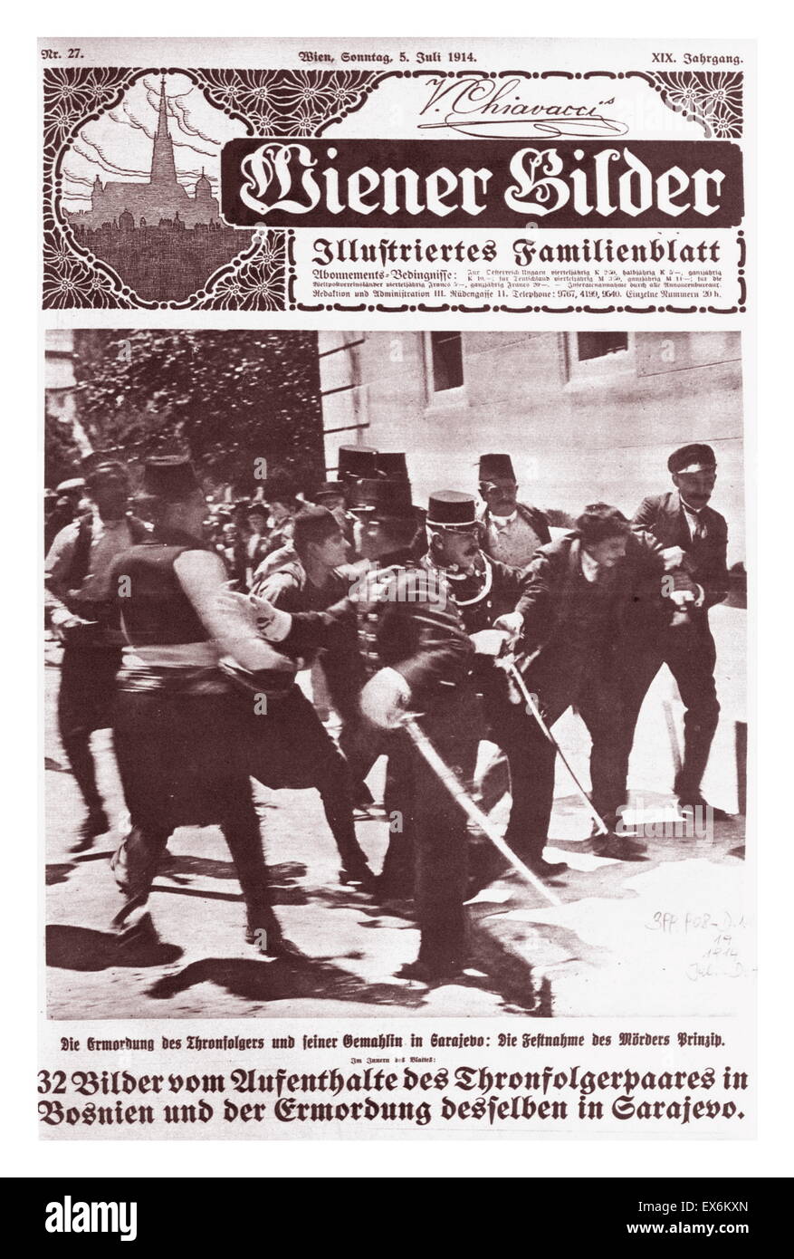 5 juillet 1914 le magazine autrichien Wiener Balder porte une photo de l'arrestation de l'assassin de l'arche Duc Franz Ferdinand Banque D'Images