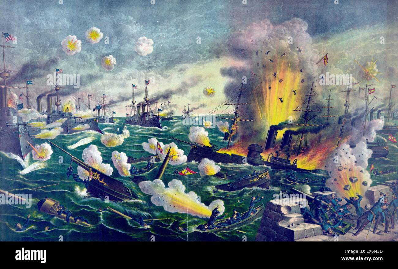 Illustration représentant une bataille navale au large de la baie de Manille (Cative) au cours de la guerre hispano-américaine. Datée 1898 Banque D'Images