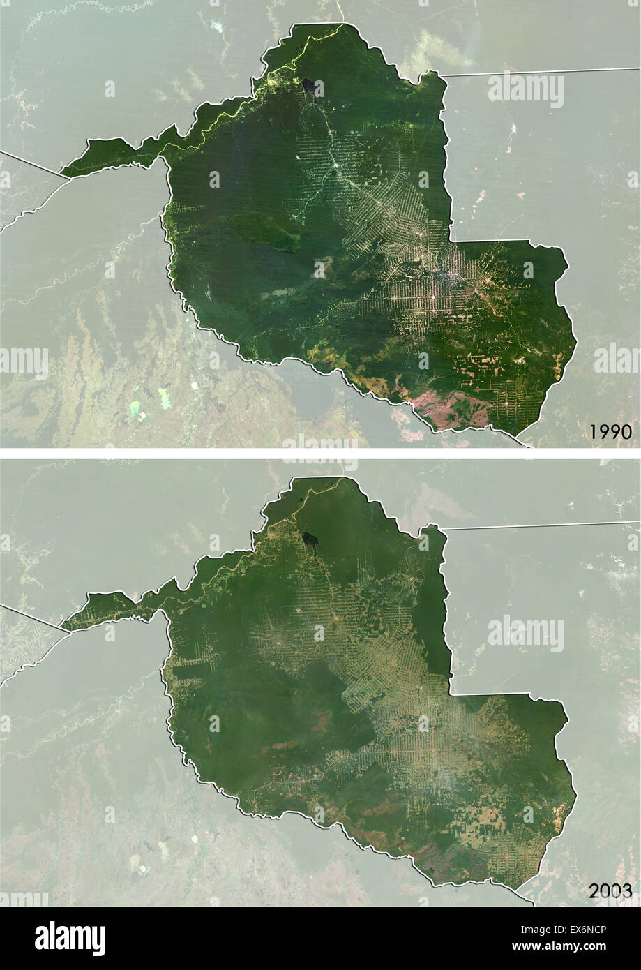 Vue satellite de la déforestation dans la région de Rondonia au Brésil en 1990 et 2003. Avant et après cette image montre l'impact de la déforestation Banque D'Images