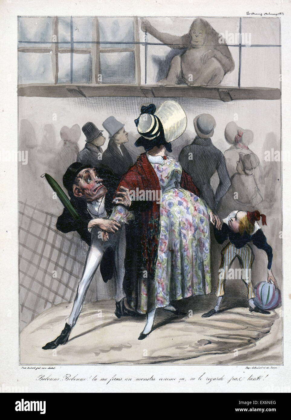 Honoré Daumier (1808-1879) Bobonne, Bobonne ! Tu me ferais un monstre comme ca, ne le regarde pas tant. Le mari tente d'entraîner sa femme enceinte loin de la cage des grands singes au zoo. Il a peur qu'en regardant le singe dans sa cond Banque D'Images
