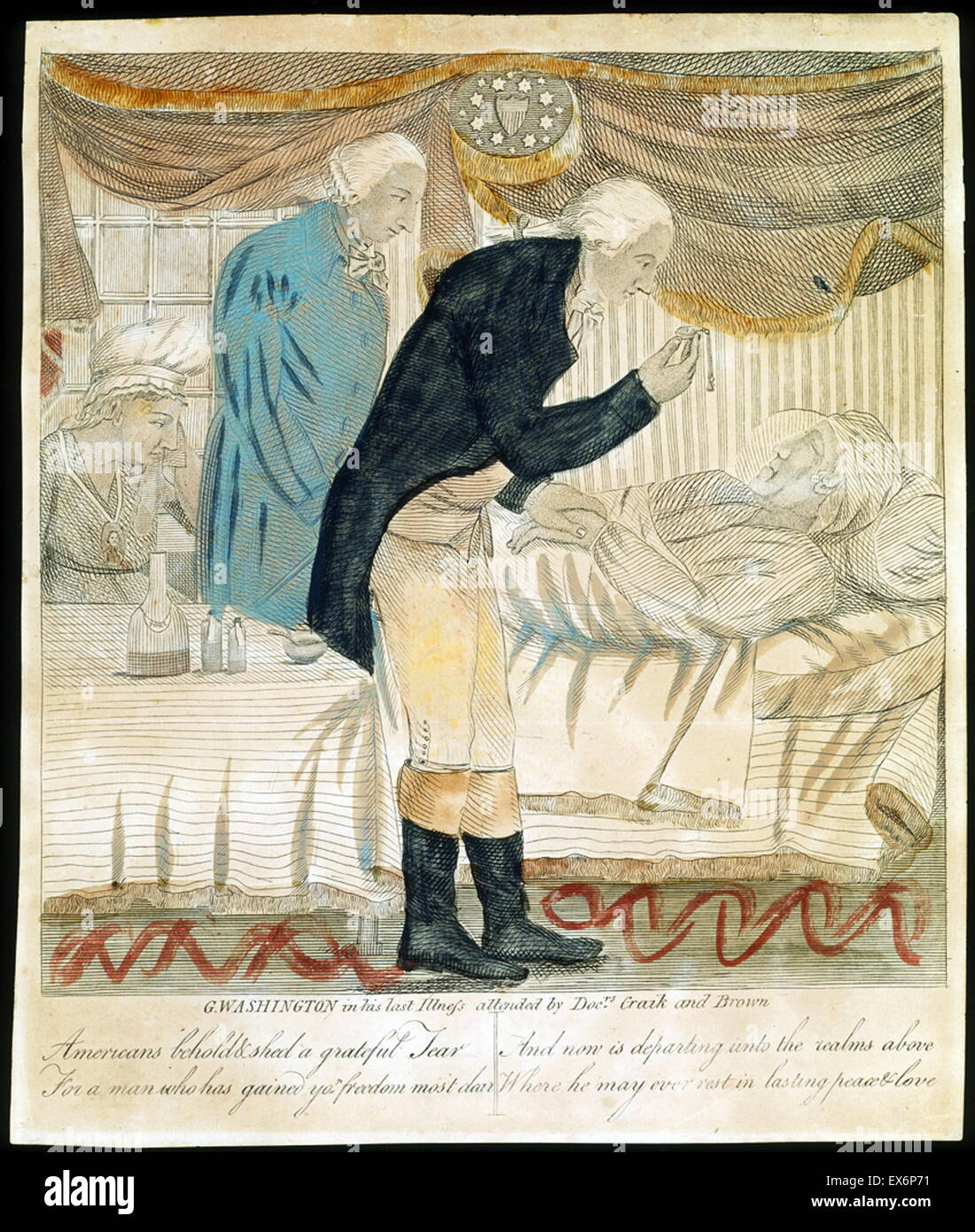 George Washington dans sa dernière maladie, assisté par des médecins Craik et Brown. Gravure d'un artiste non identifié, début du xixe siècle Banque D'Images