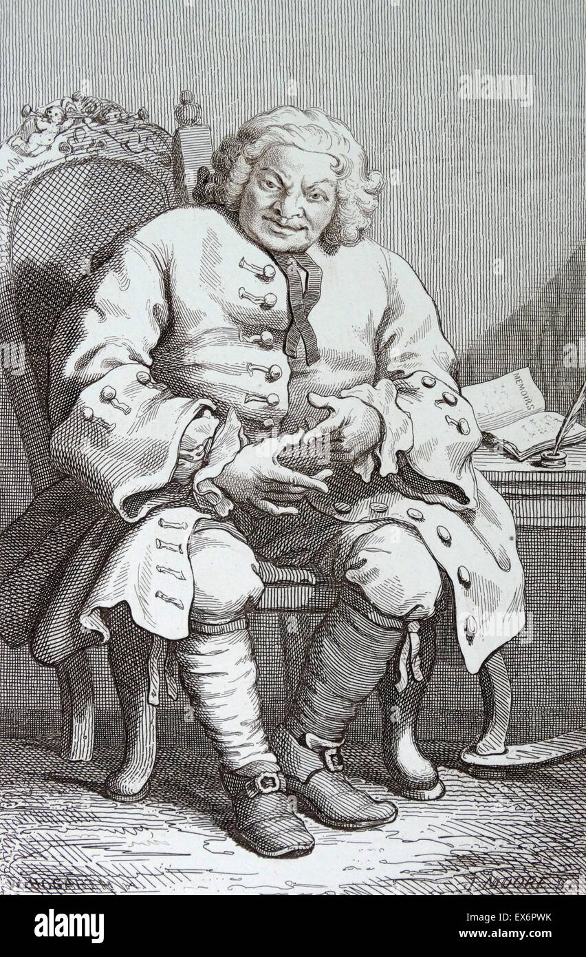 Gravure de l'artiste britannique & graveur, William Hogarth, 1697-1764 : Simon Fraser, 11ème Lord Lovat (ch. 1667 - 9 avril 1747, Londres), est un trompettiste et chef du clan Jacobite Fraser de Lovat, qui était célèbre pour sa rivalité avec violence et ses changements de allegia Banque D'Images