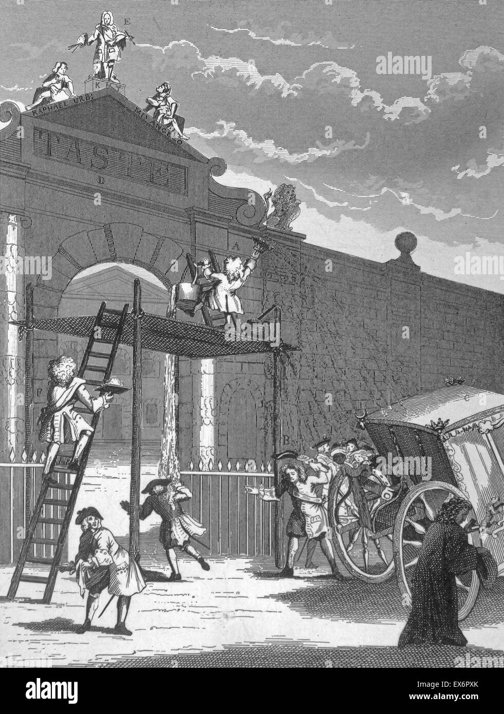 Gravure de l'artiste britannique & graveur, William Hogarth, 1697-1764 : l'homme de goût. En haut de la porte de Burlington la statue de l'architecte William Kent, humblement admiré par Raffael et Michel-ange latéralement à ses pieds. Sur un échafaudage ci-dessous Alexandre Banque D'Images