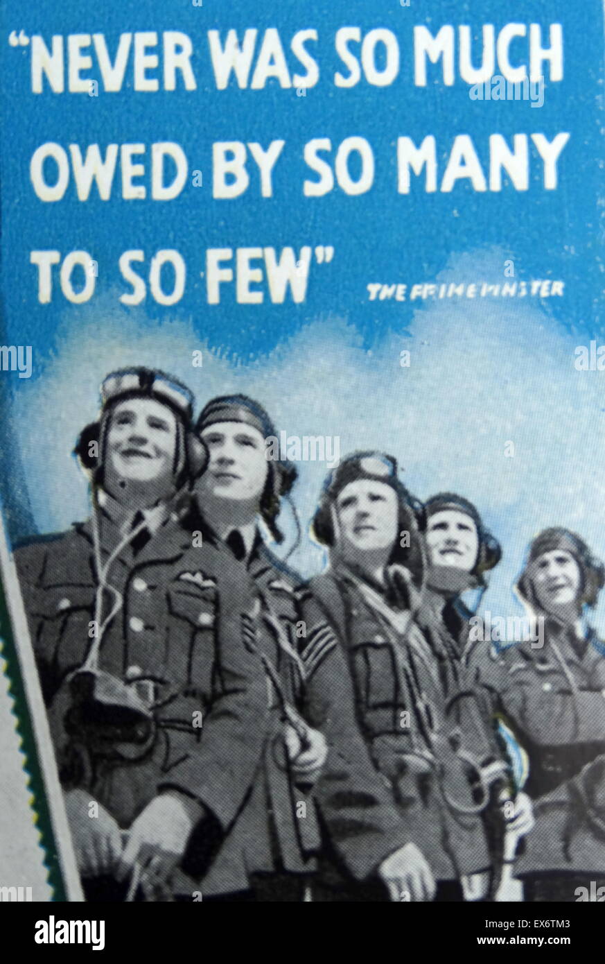 La seconde guerre mondiale affiche de propagande britannique pour la Royal Air Force. La citation de Winston Churchill "Jamais tant de gens n'ont dû' apparaît en haut de l'affiche Banque D'Images