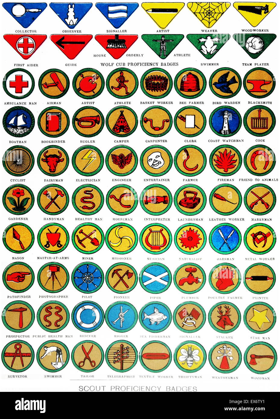 Cub Scout badges à partir d'une illustration de livre de 1938 Banque D'Images