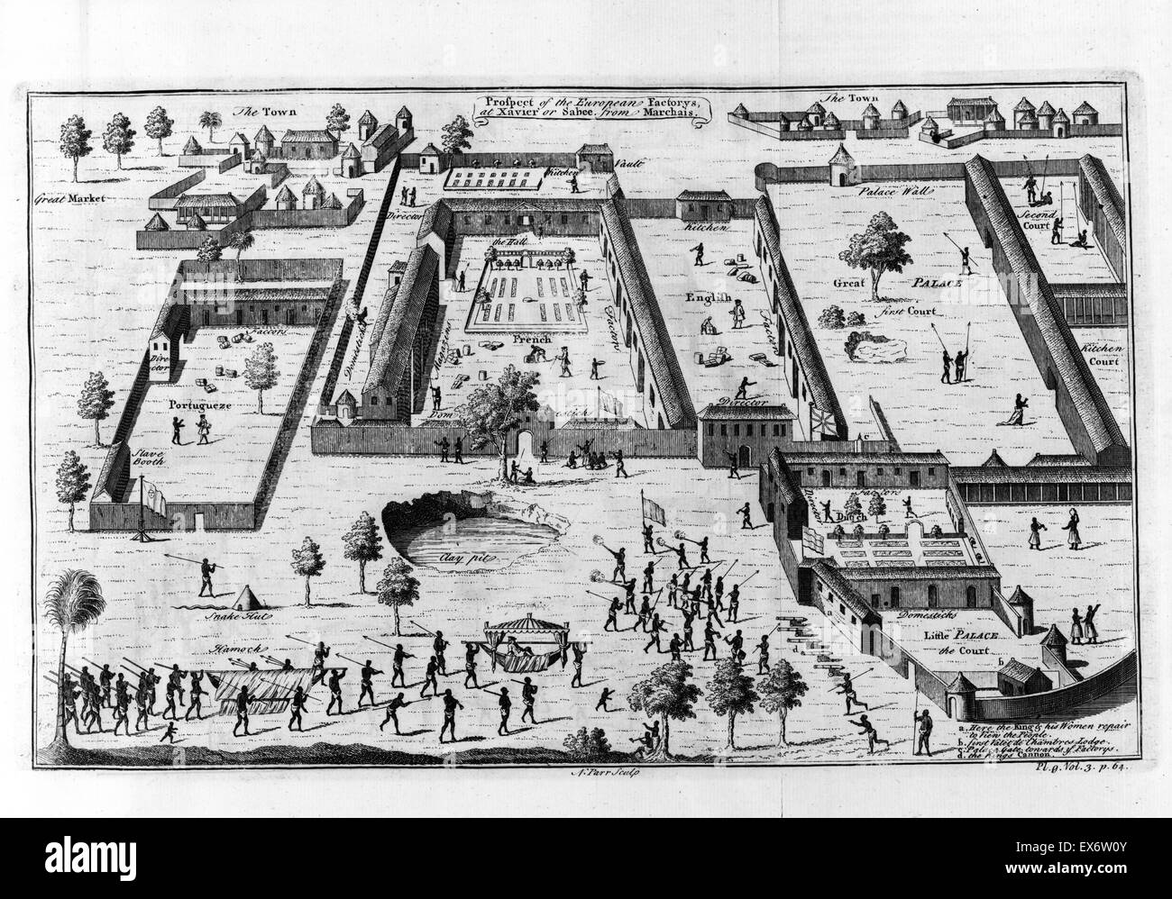 Les usines de l'esclave, ou composés, mis à jour par les commerçants de quatre nations européennes sur le golfe de Guinée en ce qui est aujourd'hui le Nigéria. 1746 gravure de Nathaniel parr Banque D'Images