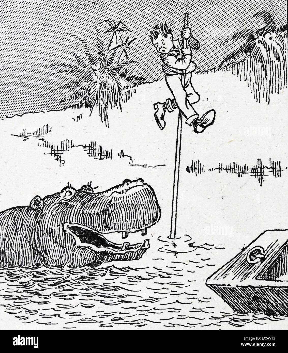 Un hippopotame les yeux un garçon accroché à un poteau dans une rivière après son bateau a chaviré Banque D'Images