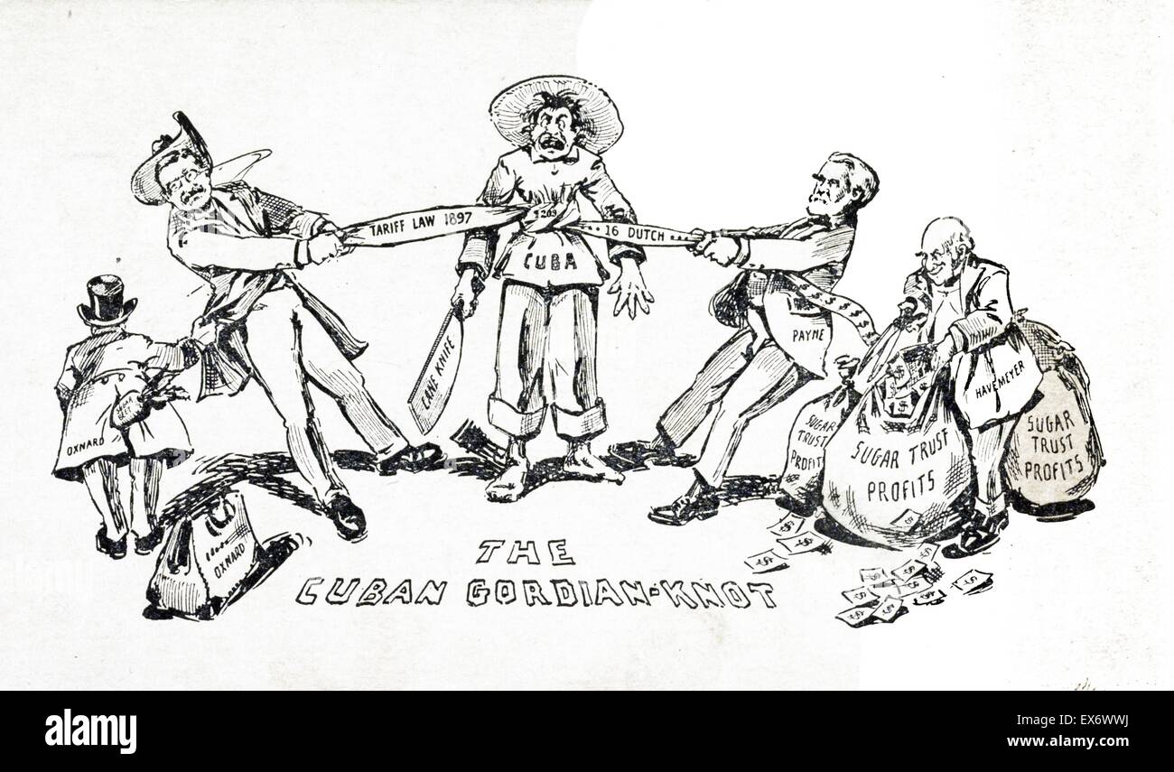 Gordian-Knot 1902 cubains. Caricature montre Theodore Roosevelt et le chef de la majorité républicaine à la Chambre Sereno Payne le serrage d'un noeud dans un 'cordon droit tarifaire 1897 paragraphe 20916 hollandais' autour de la taille d'un homme 'Cuba' tenant un couteau de canne à sucre." Sur le côté droit, le cor Banque D'Images