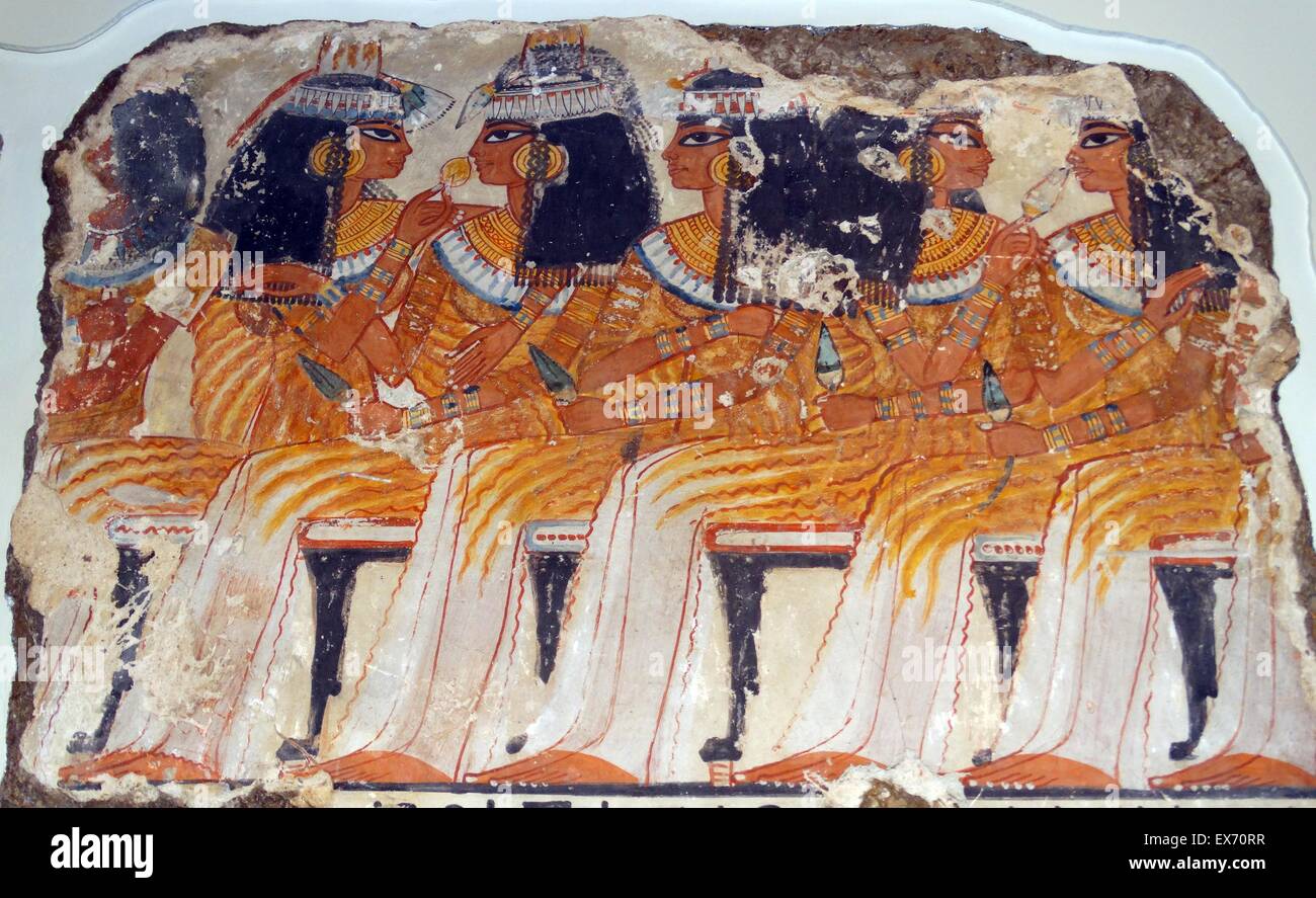 Les clients de le registre supérieur de la scène du banquet, xviiie dynastie, de la tombe de Nebamun, 1350-1370BC. Banque D'Images