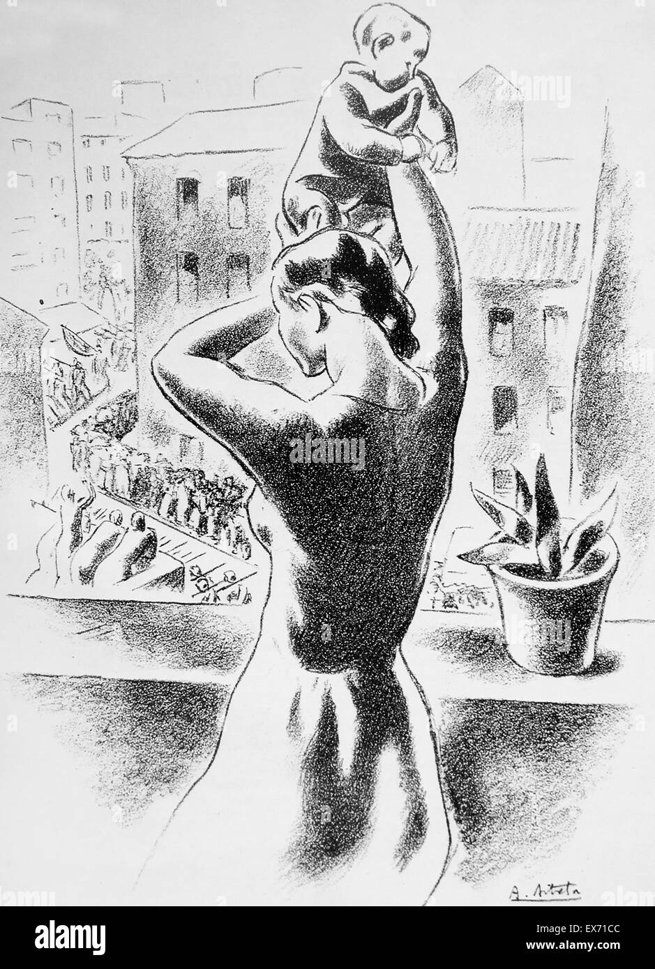 Illustration par A. Aitrera (artiste espagnol) représentant une femme tenant un bébé sur le balcon d'un appartement à Madrid comme foules ci-dessous montre la marche pour les soldats de la défense de la ville, pendant la guerre civile espagnole 1938 Banque D'Images