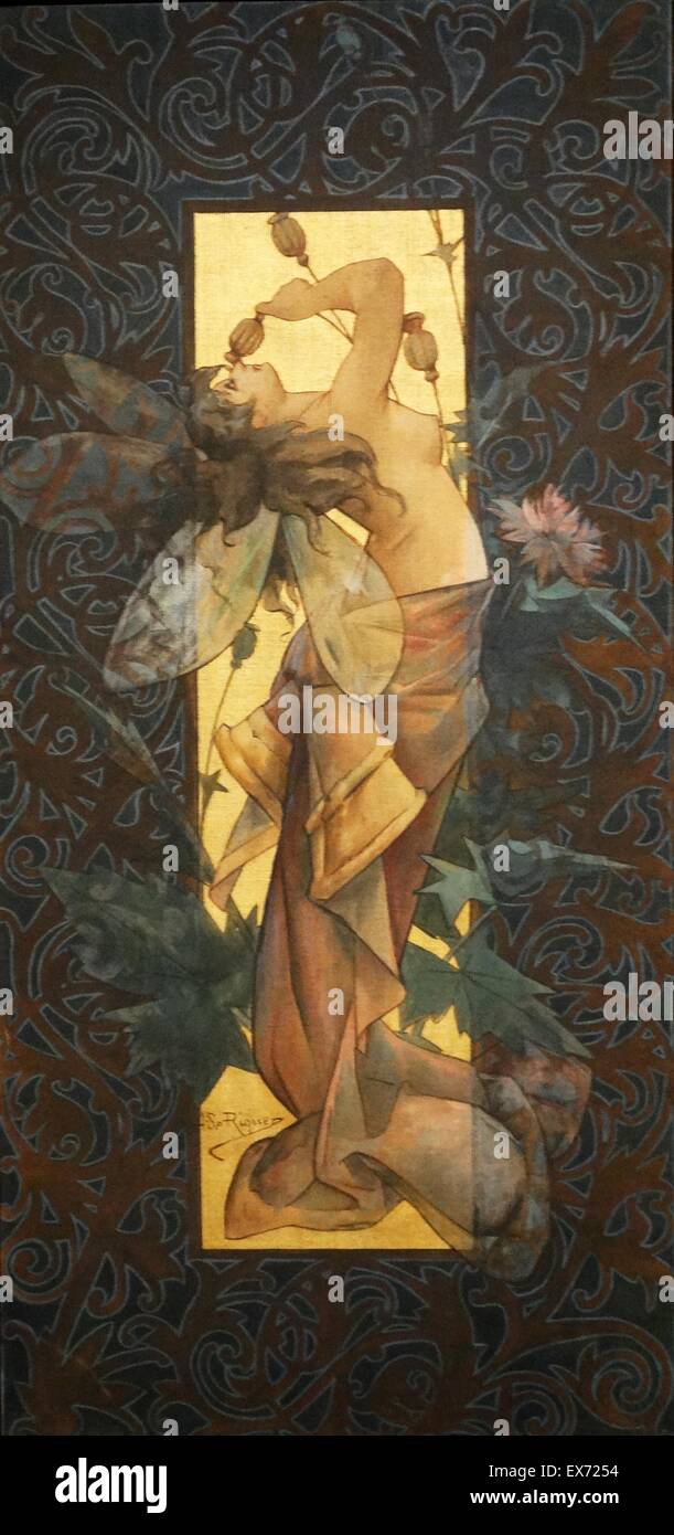 Alexandre de Riquer (1856 - 1920) l'artiste espagnol : Composition avec nymphe ailée au lever du soleil, 1887. Tempera sur toile Banque D'Images