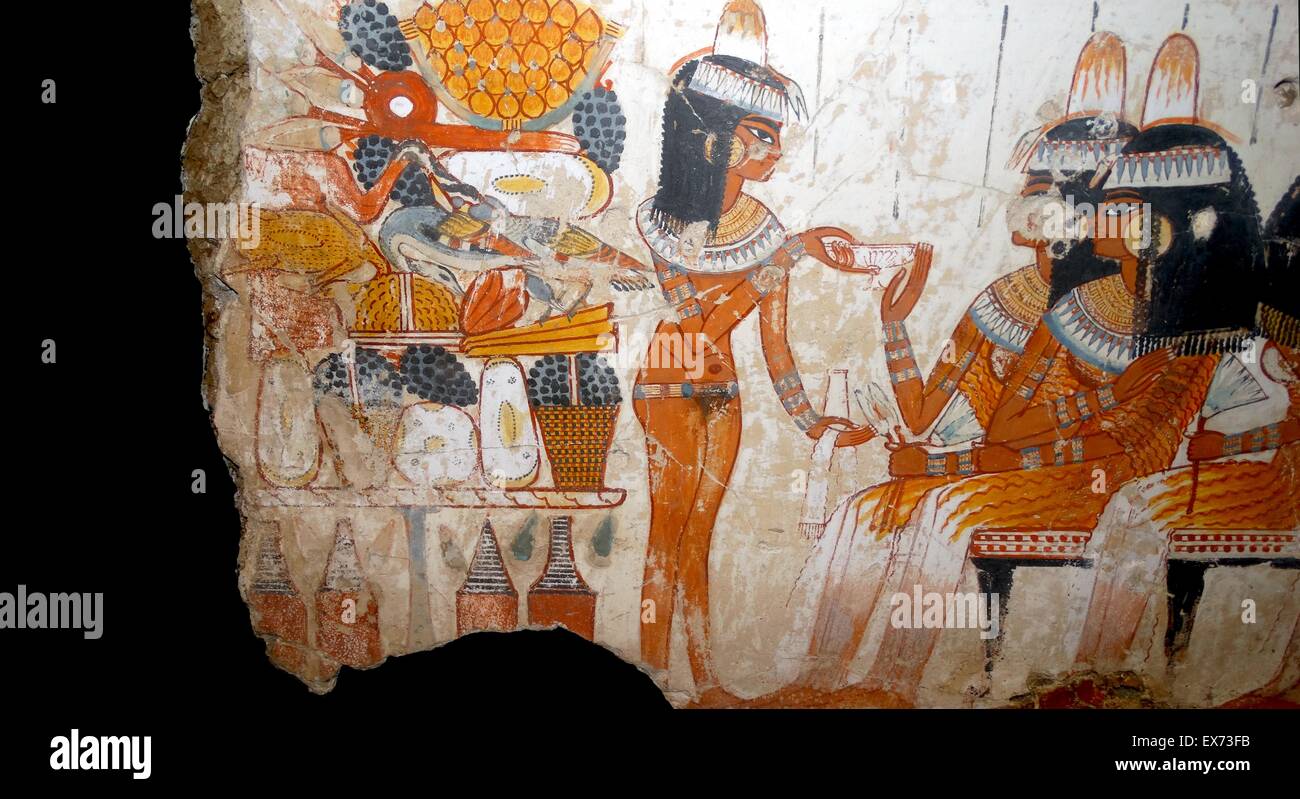Fresque de la tombe de Nebamun, fragment d'un tombeau polychrome-peinture d'une scène de banquet. Thèbes, Egypte 18e dynastie, vers 1350 av. Banque D'Images