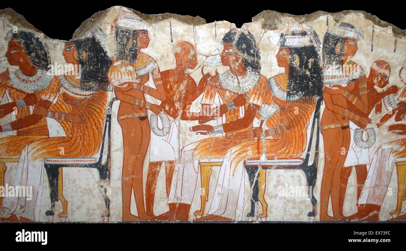 Fresque de la tombe de Nebamun, fragment d'un tombeau polychrome-peinture d'une scène de banquet. Thèbes, Egypte 18e dynastie, vers 1350 av. Banque D'Images