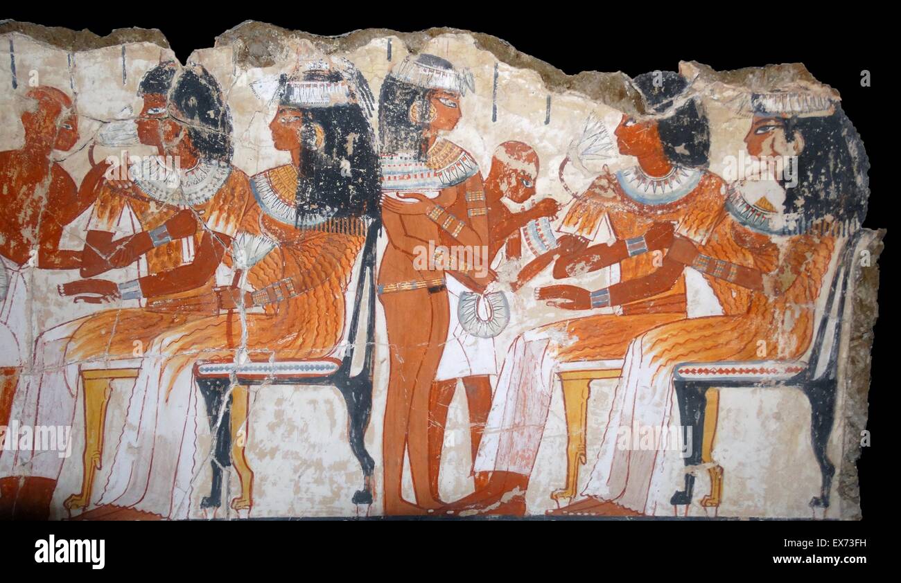 Fresque de la tombe de Nebamun, fragment d'un tombeau polychrome-peinture d'une scène de banquet. Thèbes, Egypte 18e dynastie, vers 1350 av. Banque D'Images