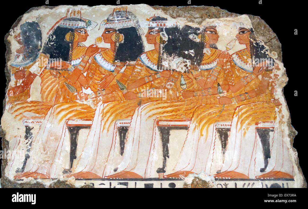 Fresque de la tombe de Nebamun, fragment d'un tombeau polychrome-peinture d'une scène de banquet. Thèbes, Egypte 18e dynastie, vers 1350 av. Banque D'Images