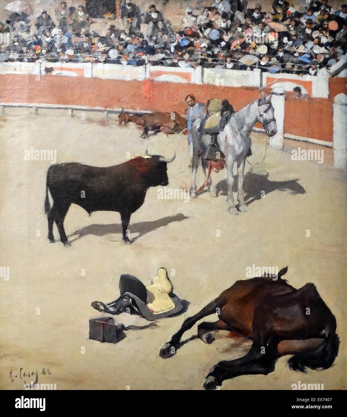Bulls'1886, par Ramon Casas 1866-1932 artiste espagnol. huile sur toile représentant un cheval mort à une corrida Banque D'Images