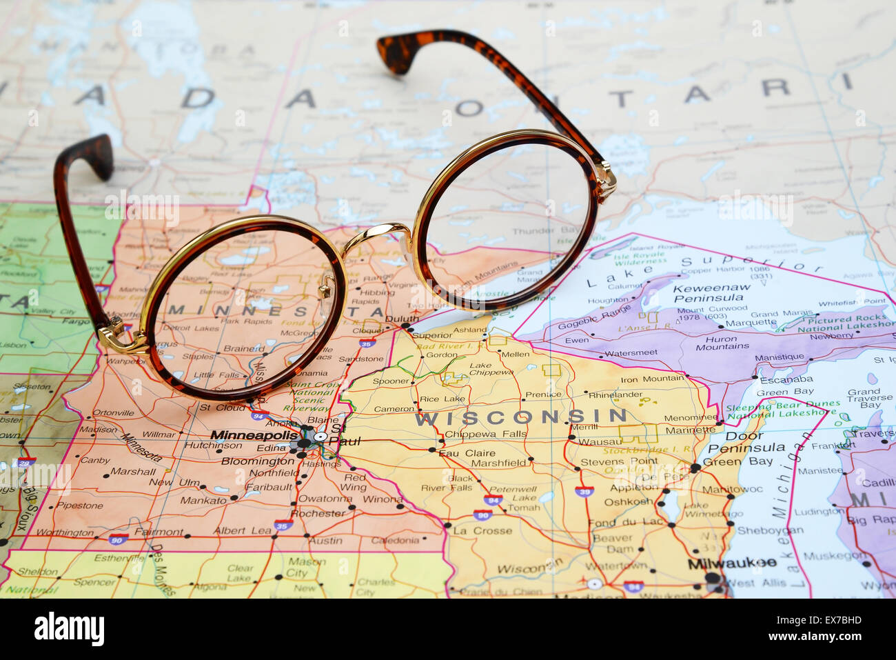 Verres sur une carte de USA - Minnesota Banque D'Images
