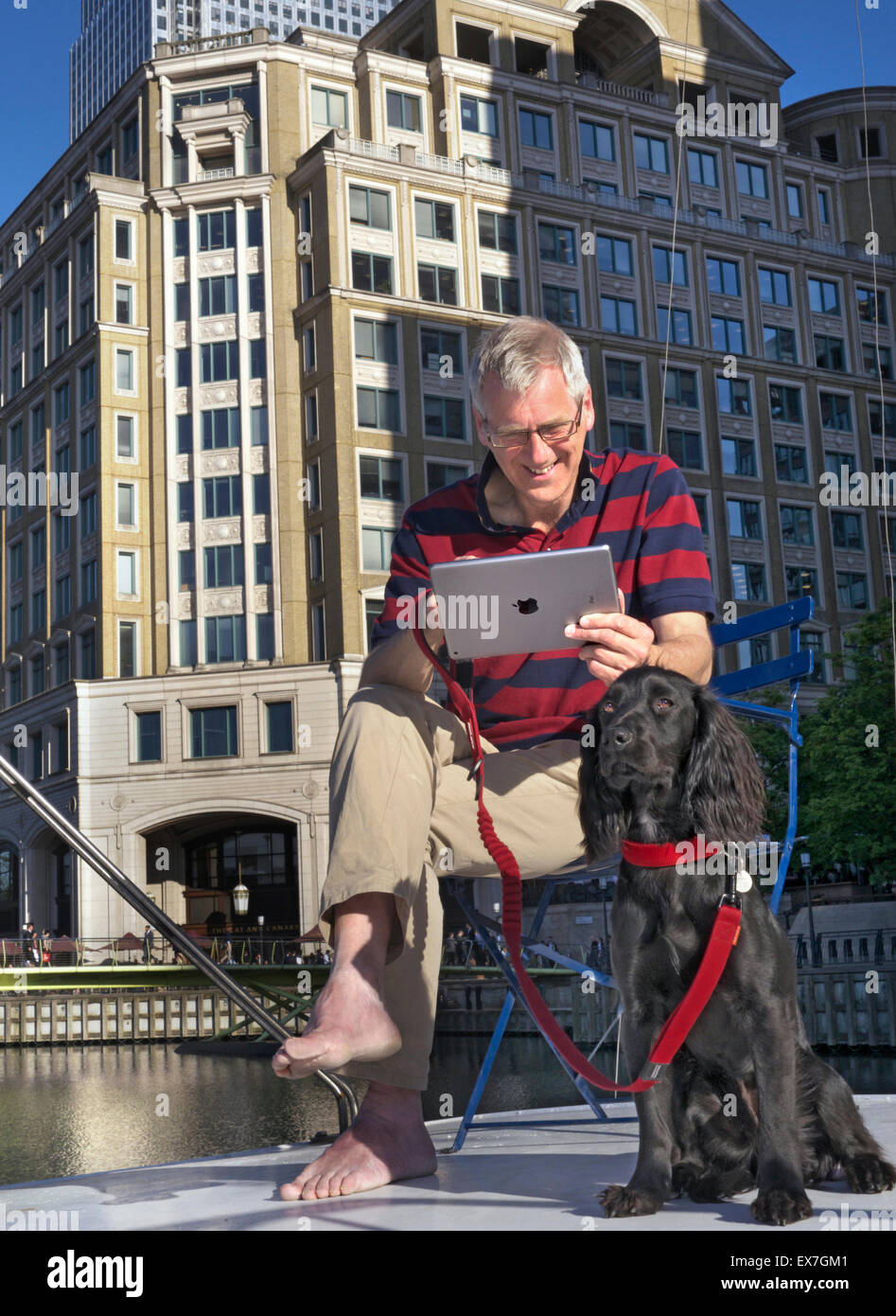 Relaxed mature homme avec chien assis dehors sur sa péniche en regardant son ordinateur tablette iPad air Canary Wharf Londres E14 Banque D'Images