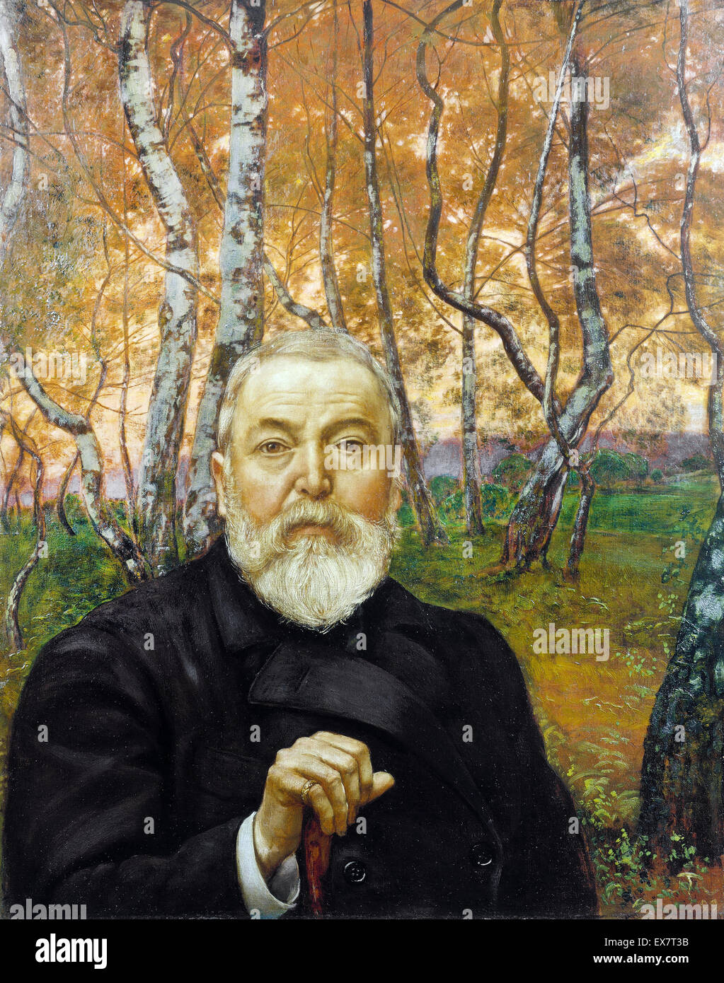 Hans Thoma, l'auto-portrait en face d'une forêt de bouleaux 1899 Huile sur toile. Stadel, Frankfurt am Main, Allemagne. Banque D'Images