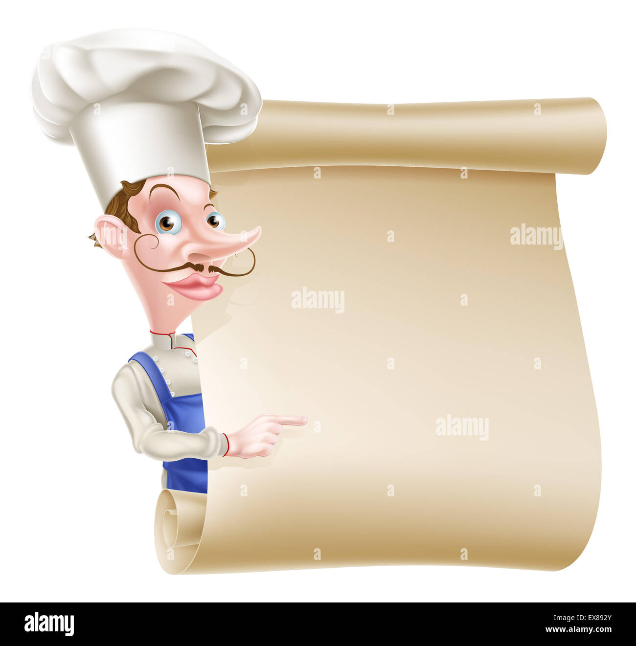 Une illustration d'un chef de bande dessinée peeking autour d'un signe de défilement et de pointage Banque D'Images