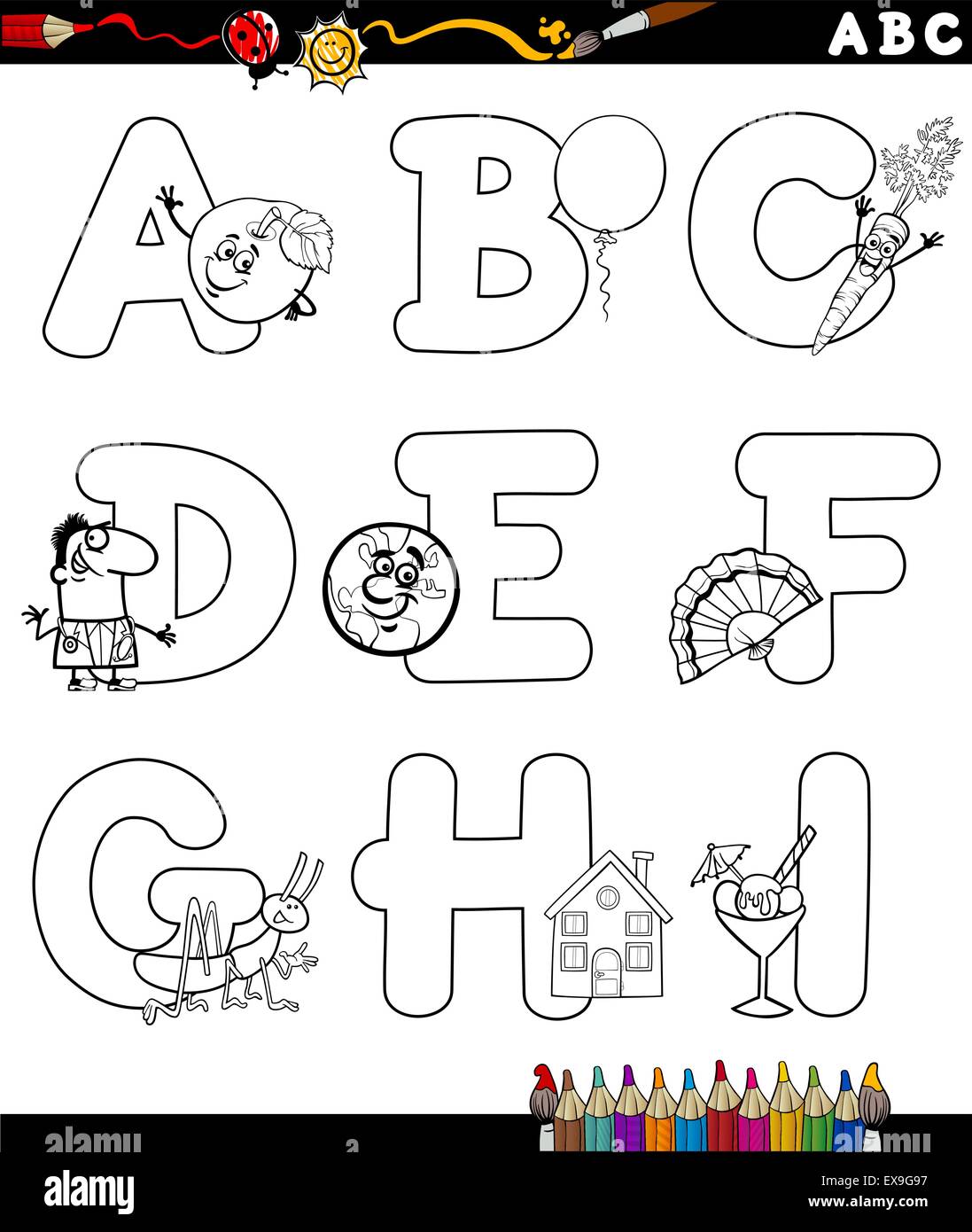 Cartoon noir et blanc Illustration de l'alphabet en majuscules avec des objets pour les enfants l'éducation de A à I pour la coloration Bo Illustration de Vecteur