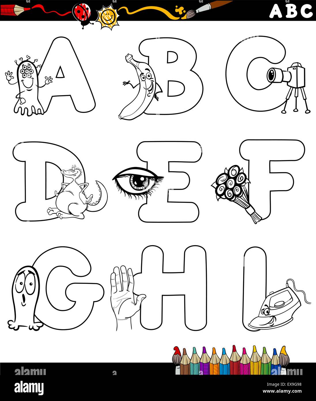 Cartoon noir et blanc Illustration de l'alphabet en majuscules avec des objets pour les enfants l'éducation de A à I pour la coloration Bo Illustration de Vecteur