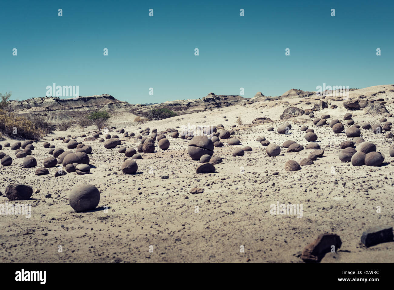 Pierres sphériques formées par le vent tourbillonnant en dans le parc provincial Ischigualasto, Valle de la Luna (vallée de la Lune) Banque D'Images