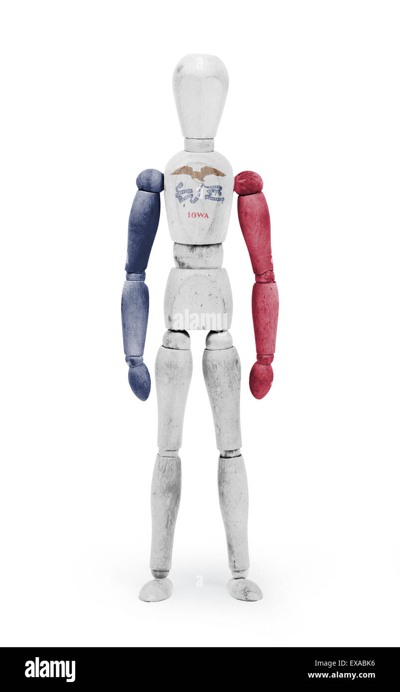 Vieux bois figure mannequin avec drapeau d'Etat de l'Iowa - bodypaint Banque D'Images
