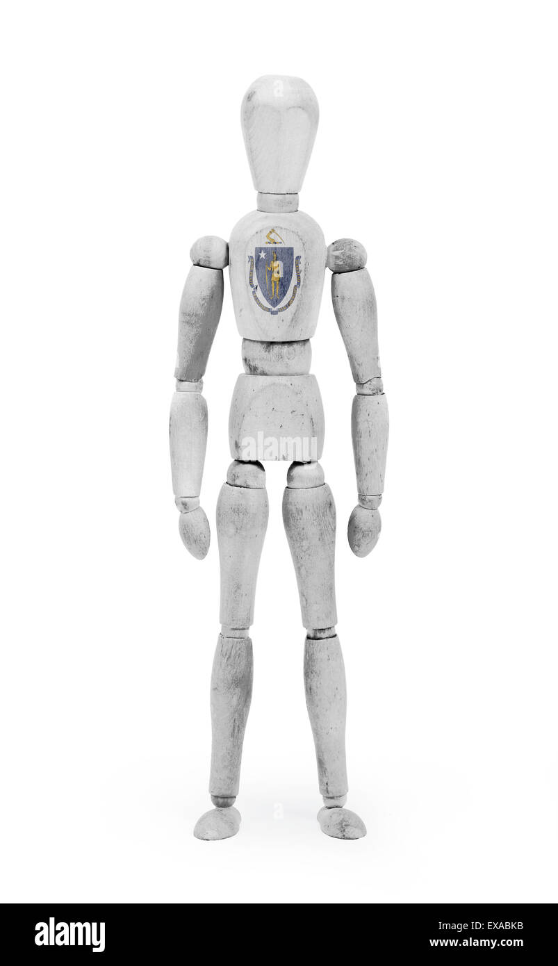 Vieux bois figure mannequin avec drapeau d'état du Massachusetts - bodypaint Banque D'Images