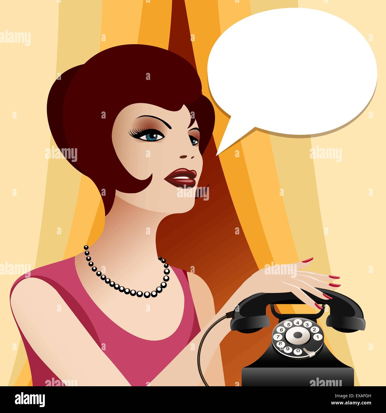 Woman in vintage vêtements et collier de perle avec retro téléphone. Bulle vide pense que pour votre texte. Illustration de Vecteur