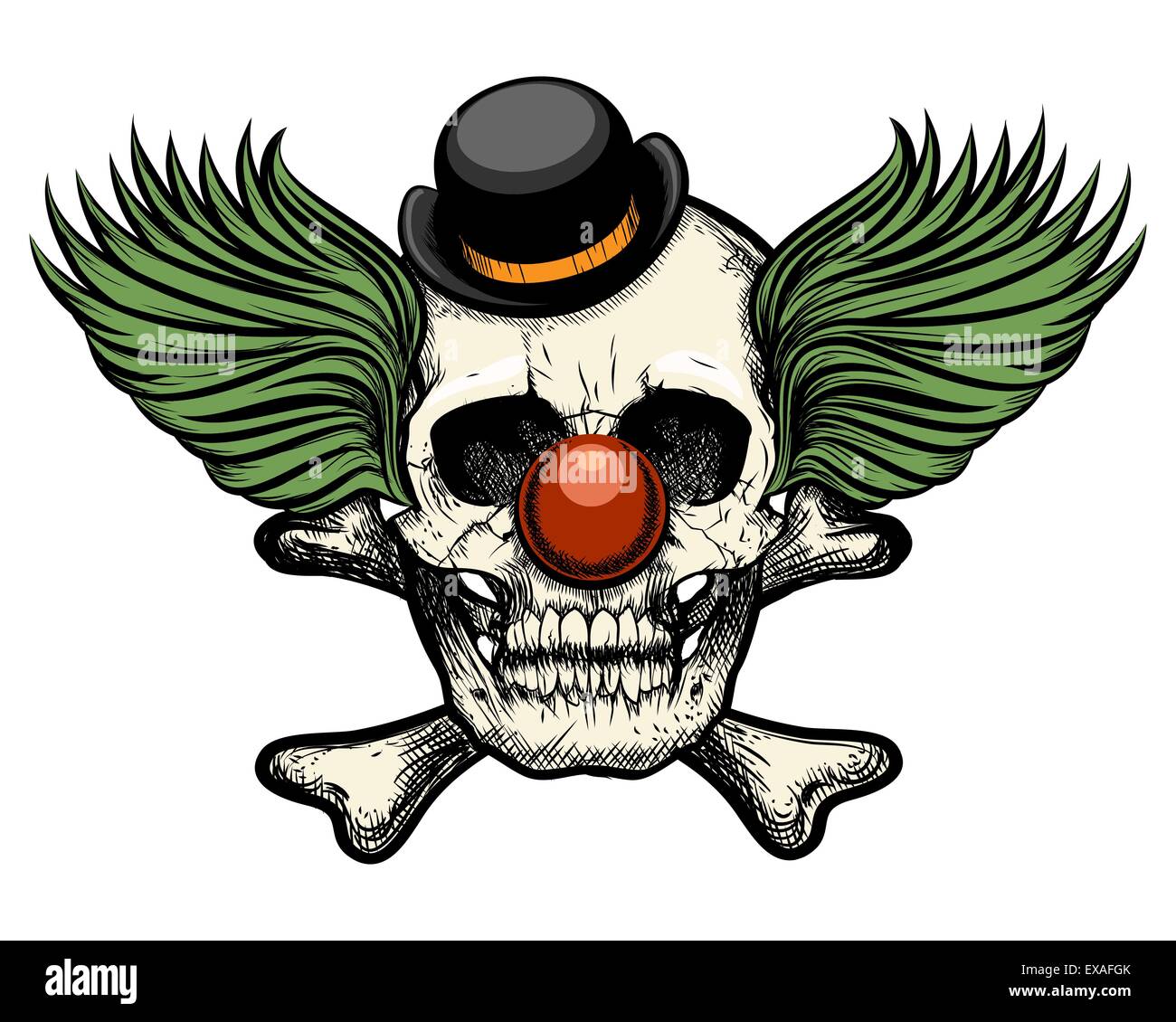 Crâne de clown de cirque en chapeau. Isolé sur fond blanc. Style rétro. Illustration de Vecteur