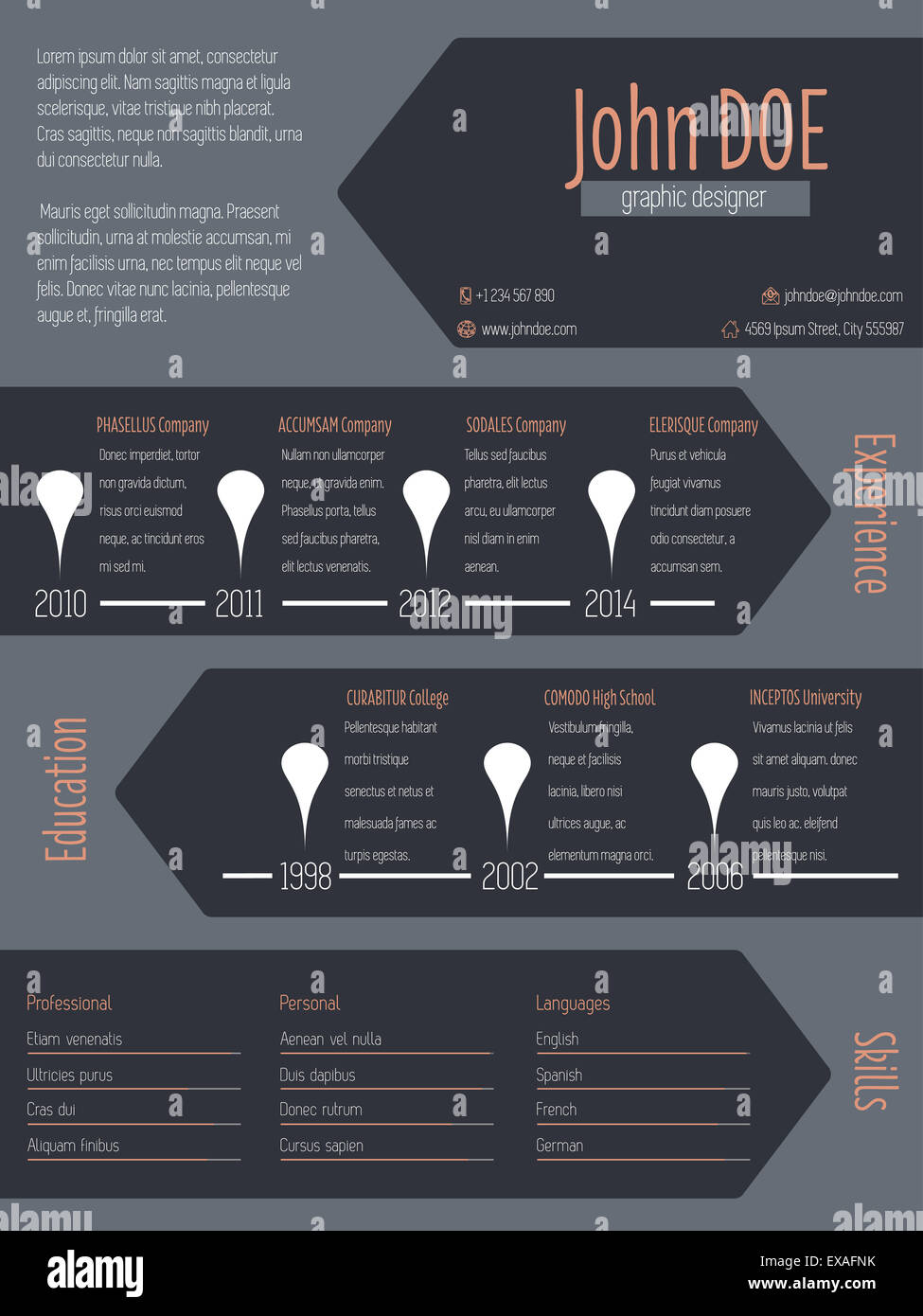 Curriculum vitae cv cv moderne avec des flèches sombres Banque D'Images