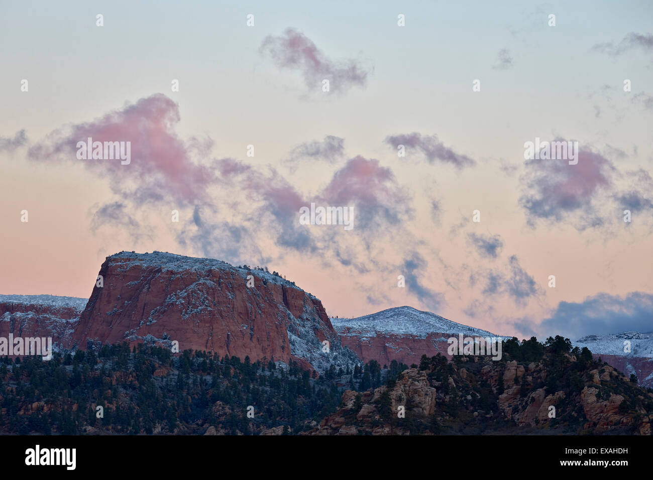 Nuages rose à l'aube sur des formations de grès recouvert d'une mince couche de neige, Zion National Park, Utah, United States of America Banque D'Images