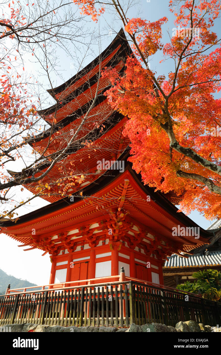 Five-Story Pagoda (Gojunoto) en automne, Site du patrimoine mondial de l'UNESCO, l'île de Miyajima, dans l'ouest de Honshu, Japon, Asie Banque D'Images