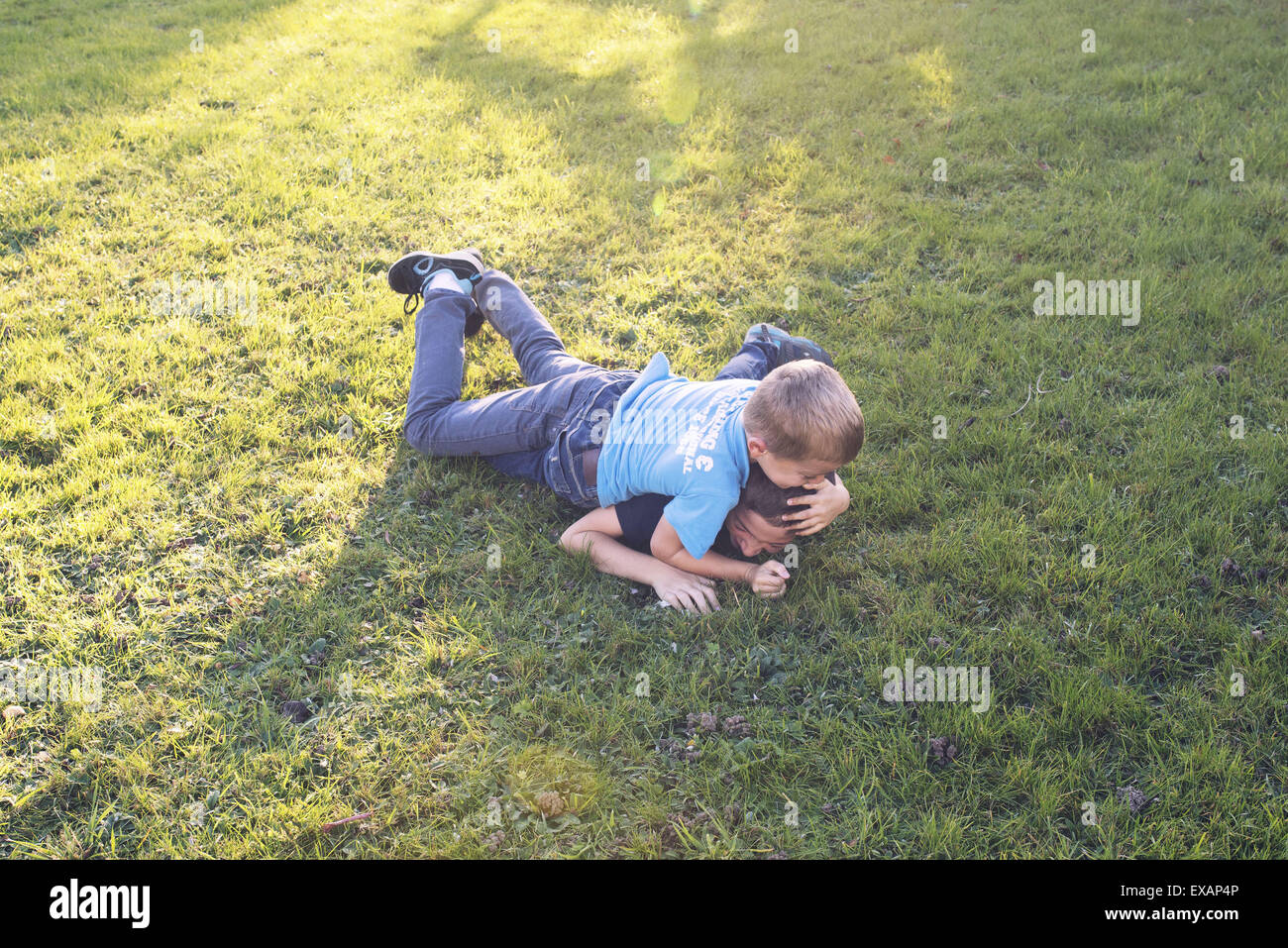 Les garçons wrestling on lawn Banque D'Images