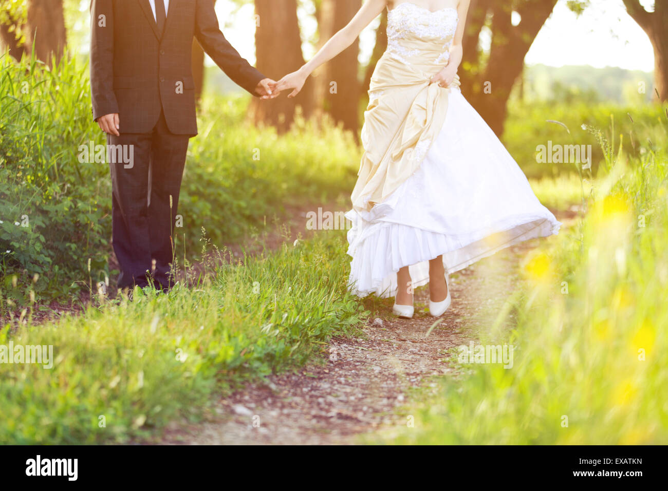 Mariée et le marié, marcher dans la nature Banque D'Images